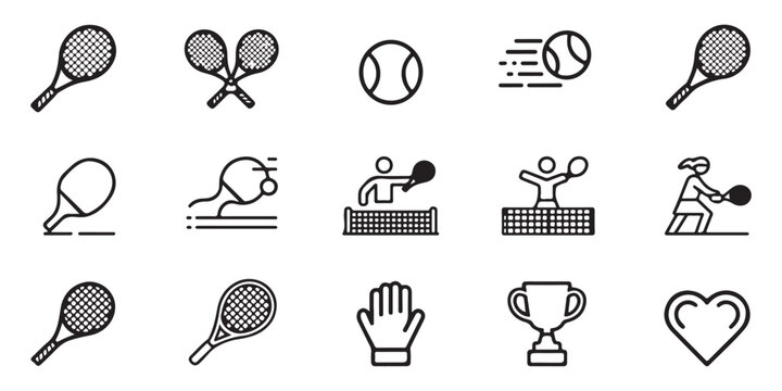 Tennis black line icons set features rackets, balls, players, and equipment for sport-themed designs and digital applications.