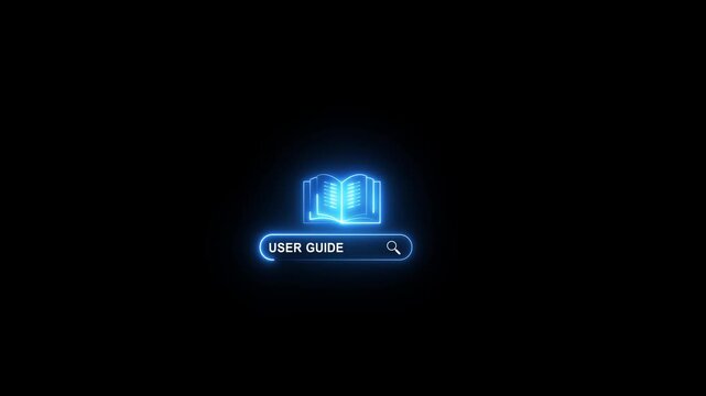Glowing Neon User Guide Icon with Open Book and Search Bar Animation on Black Background, Digital Help and Information Interface animation