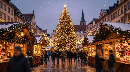 Obraz premium Traditional European Christmas market with illuminated wooden stalls and a large glowing tree at twilight