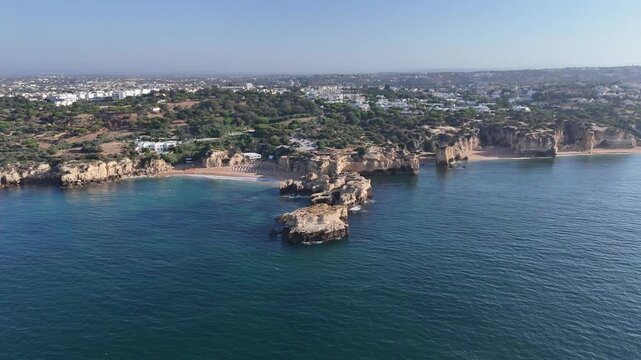Drone Flight From Atlantic Ocean Toward Albufeira Coast, Algarve