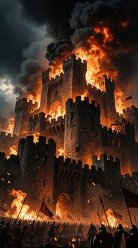 Epic medieval castle siege with massive fire, smoke. Armored warriors attack stone fortress during intense battle. Burning towers, dark stormy sky create dramatic war scene. Soldiers fight near