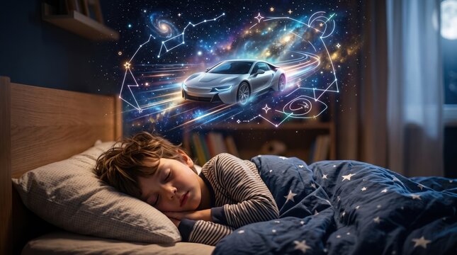 Little boy sleeping in bed and dreaming about driving a fast sports car through glowing galaxy
