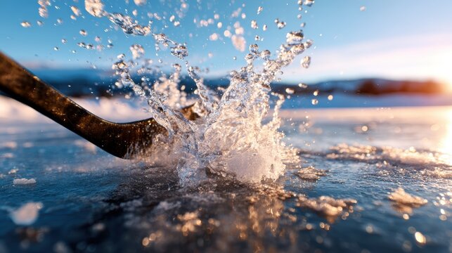Dynamic action shot of a hockey stick striking the ice, creating a splash of water and ice, emphasizing the intensity and excitement of the sport on a frozen rink.