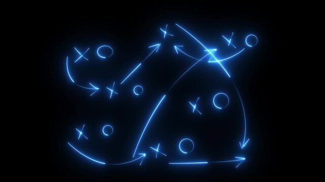 Glowing neon line American football plays - loop American football game plan diagram of Xs and Os offensive strategy with alpha matte in high definition
