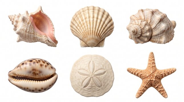 Seashells and starfish collection isolated on white background