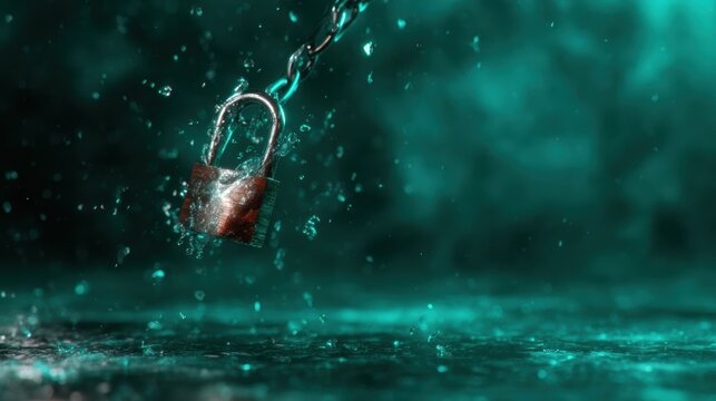 Visual artistry of a rustic lock submerged in vibrant water droplets, symbolizing security and mystery amid a rich aquatic environment of color and texture.