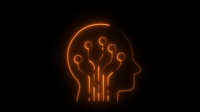 Glowing Neon AI Brain Icon Animation on Black Background, Futuristic Artificial Intelligence Technology and Digital Innovation Concept animation