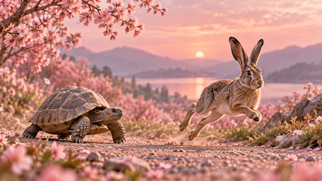 Slow tortoise beside a fast running hare in a scenic landscape, illustrating opposing speeds, patience, agility and different approaches to progress.