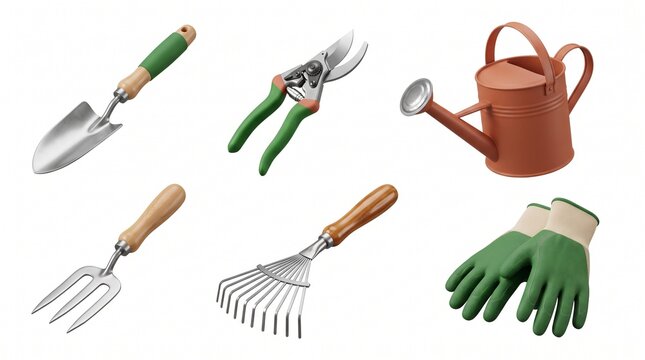 Gardening tools set including trowel pruners watering can rake and gloves isolated on white