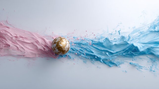 An artistic representation of pink and blue liquids splashing in a dynamic motion, creating an abstract visual impact that evokes notions of creativity, contrast, and fluidity.