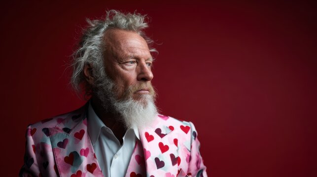 A dignified older man gazes thoughtfully sideways in a vibrant heart-patterned suit, blending humor with sophistication, perfect for celebrating love and creativity in fashion.