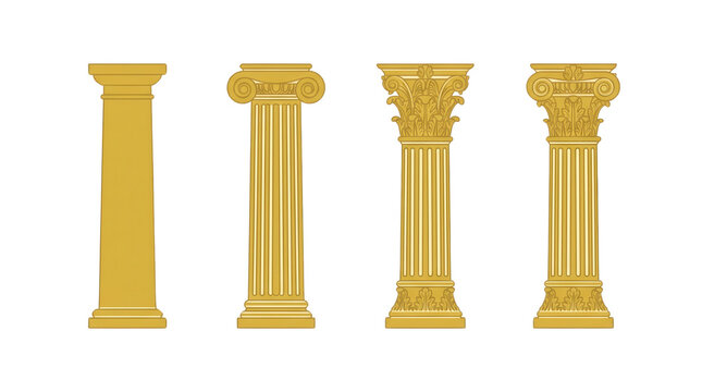Set of four ancient golden architectural pillars and classical columns on a as transparent cutout