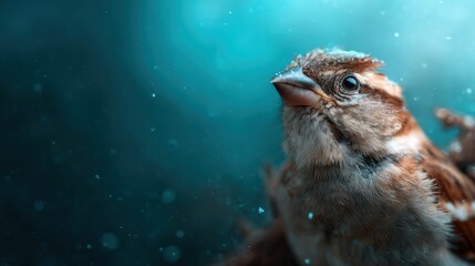 Obraz premium A close-up of a charming bird gazes upward amidst a backdrop of mesmerizing blue tones, capturing the essence of nature and the beauty of wildlife in a unique perspective.