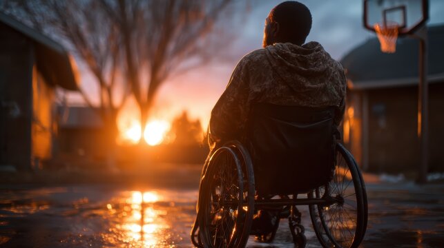 A contemplative individual in a wheelchair gazes at a stunning sunset, symbolizing resilience and hope, while capturing the beauty of life's moments regardless of challenges.