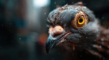 Obraz premium An intense close-up image showing a bird with bright eyes and wet feathers during rainfall, revealing the resilience and beauty of wildlife amidst challenging weather conditions.