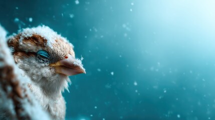 Obraz premium A serene bird covered in snowflakes, perched delicately amidst an icy landscape, encapsulating the essence of winter and the beauty of nature in its tranquil moment.