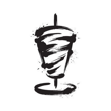 Minimalist Sumi-e ink wash painting of a doner kebab shawarma on a vertical rotisserie, artistic black ink brush style illustration isolated on white background