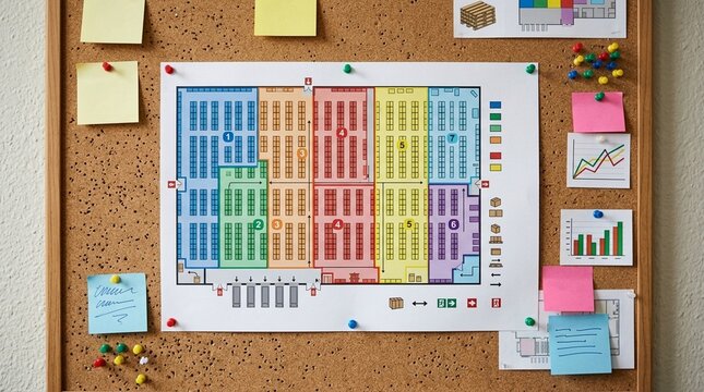 Zone map of inventory territories pinned to a corkboard