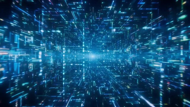 Cyber tunnel digital motion graphic showing fast streaming data lines inside a futuristic blue network environment