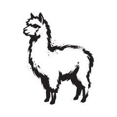 Fototapeta premium Sumi-e ink wash painting, minimalist alpaca illustration featuring expressive black brush strokes and ink splatters on white.