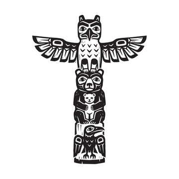 Hand-carved woodcut relief printmaking style illustration of a Pacific Northwest totem pole with eagle, bear, and raven engraved elements on a white background