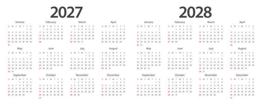 Calendar 2027, calendar 2028 week start Sunday corporate design planner template.