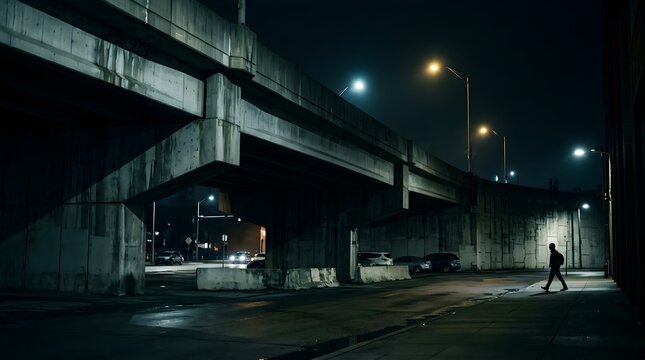 Man in dark clothing walking alone under city highway overpass at night with urban lighting