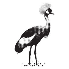 Fototapeta premium Stylized Grey Crowned Crane Bird Illustration with Halftone Rasterized Screenprint Dots and Stippling Effect