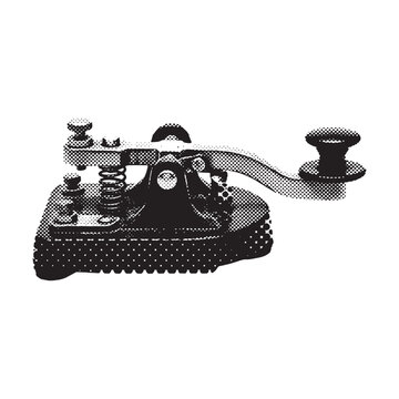 Vintage Morse Code Telegraph Key Illustration in Halftone Screenprint Style with Rasterized Stippling Dots
