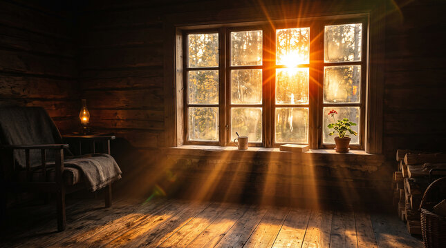 Golden sunlight streaming through old window into empty abandoned room at sunset

