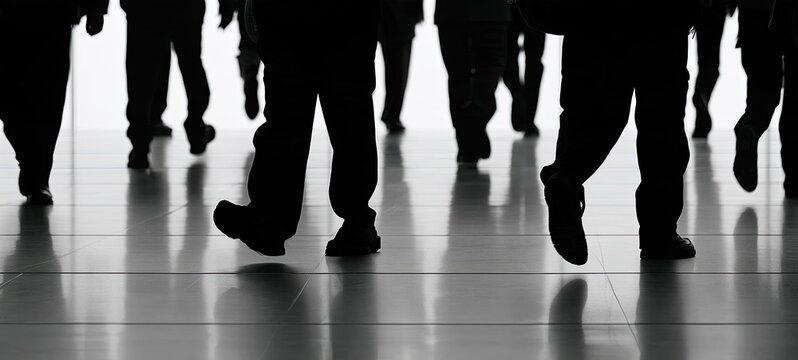 Silhouettes of legs walking on a reflective floor in black and white