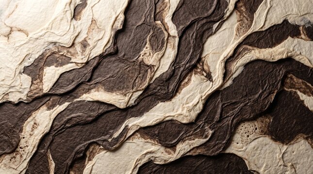 Detailed abstract layered surface with irregular cream and dark brown formations, rugged folds, natural erosion patterns, and rich tactile depth. A sophisticated earthy background for architecture, ed