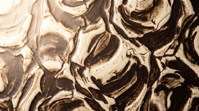 Detailed abstract layered surface with irregular cream and dark brown formations, rugged folds, natural erosion patterns, and rich tactile depth. A sophisticated earthy background for architecture, ed