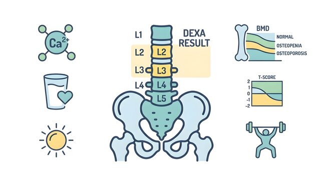 Medical infographic illustrating DEXA scan results for bone mineral density, osteoporosis, and osteopenia diagnosis with spine and pelvis anatomy.