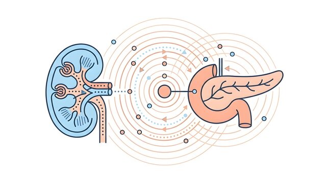 Vector illustration of the connection and interaction between kidney and pancreas organs.