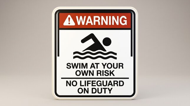 Aquatic Safety: Warning sign advises swimmers of no lifeguard and personal risk