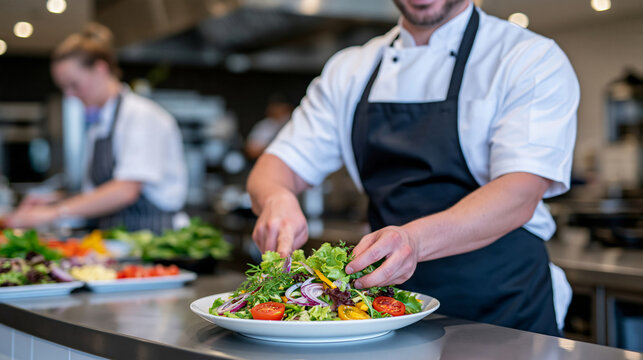 Diverse team of professional chefs collaborating in a modern restaurant kitchen, one chef preparing fresh vegetables while another arranges ingredients on stainless steel counters, busy food prepara