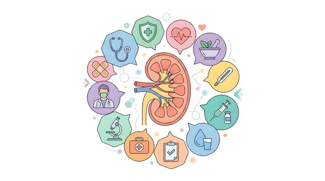 Vector illustration of human kidney anatomy surrounded by medical and healthcare icons in a circular design.