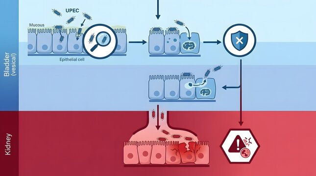 Medical diagram illustrating the pathogenesis of urinary tract infection by uropathogenic Escherichia coli in the bladder and kidney.