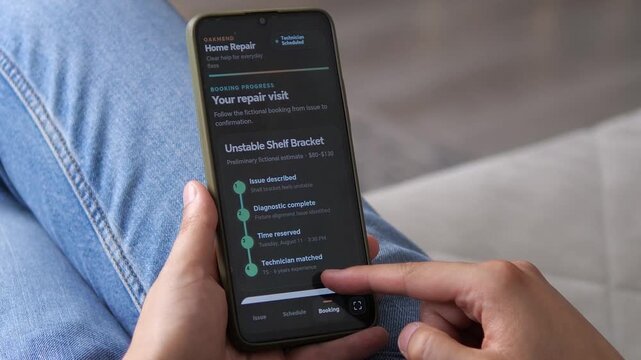 Mobile home repair booking tracks an unstable shelf bracket from diagnosis to technician scheduling, highlighting the rise of on-demand maintenance and digital service platforms.