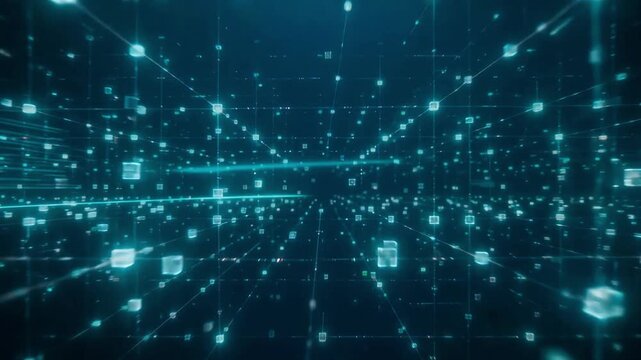 Glowing blue data cubes moving through digital grid lines in this futuristic abstract motion video animation