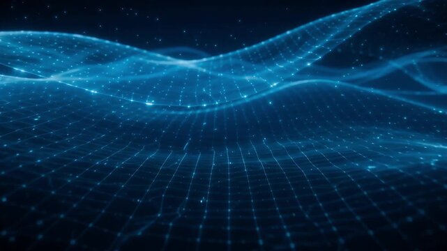 Glowing blue digital wave grid motion background features abstract particles moving in smooth animated video loop