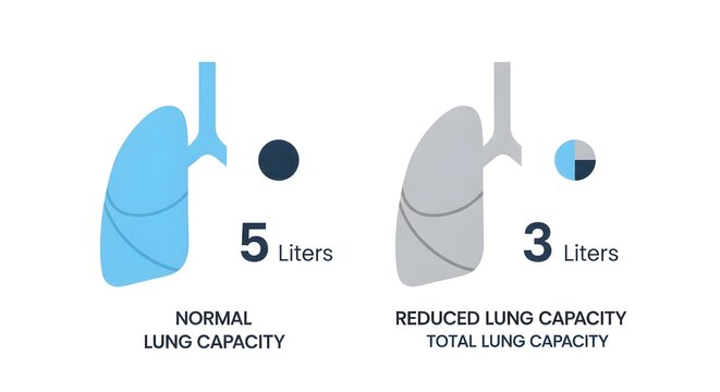 Medical infographic comparison showing normal lung capacity versus reduced total lung capacity in liters.