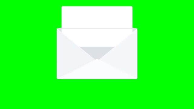 Premium 3D email envelope icon opening animation on a pure chroma green screen, revealing a clean blank message card with elegant flap mechanics, subtle bounces, and communication sparkle accents.