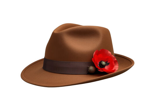 Brown fedora hat with red flower on band