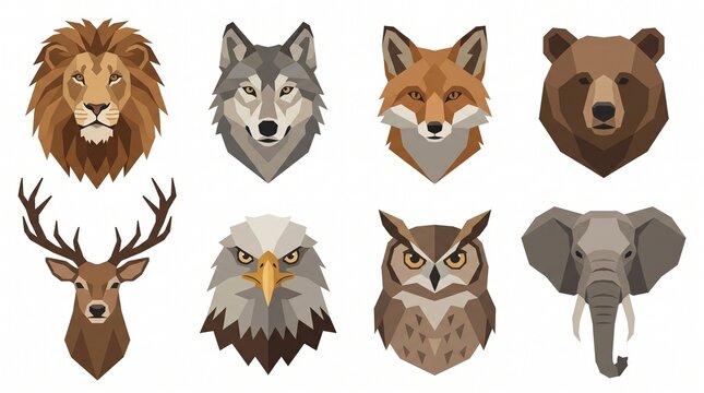 Geometric animal head set low poly wildlife icons