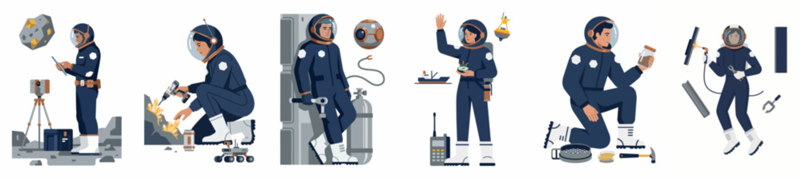 Collection of flat vector illustrations featuring an astronaut character in different poses, conducting scientific research, repairs, and exploration tasks in outer space.
