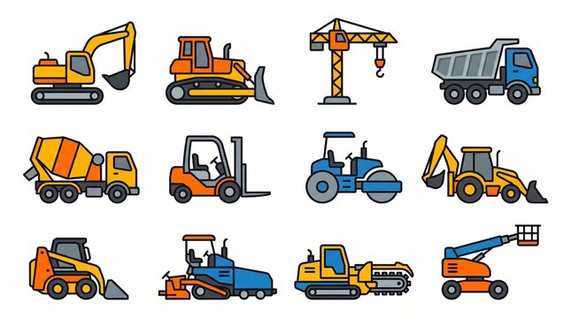 Construction machinery and heavy equipment vector icon set