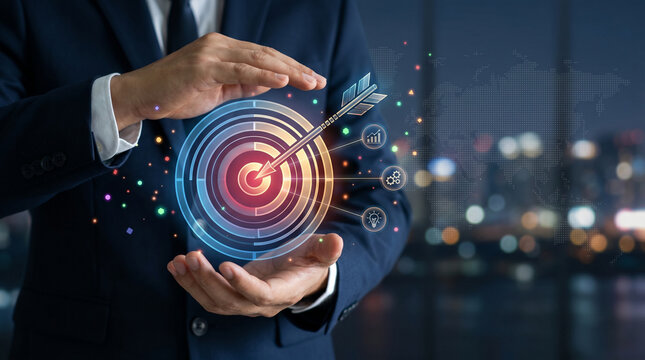 Business Strategy and Goal Achievement with Digital Target and Arrow, Strategic Planning, Marketing, Growth and Global Business