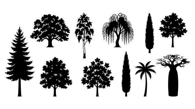 Tree Silhouettes Collection Set Isolated on White Background